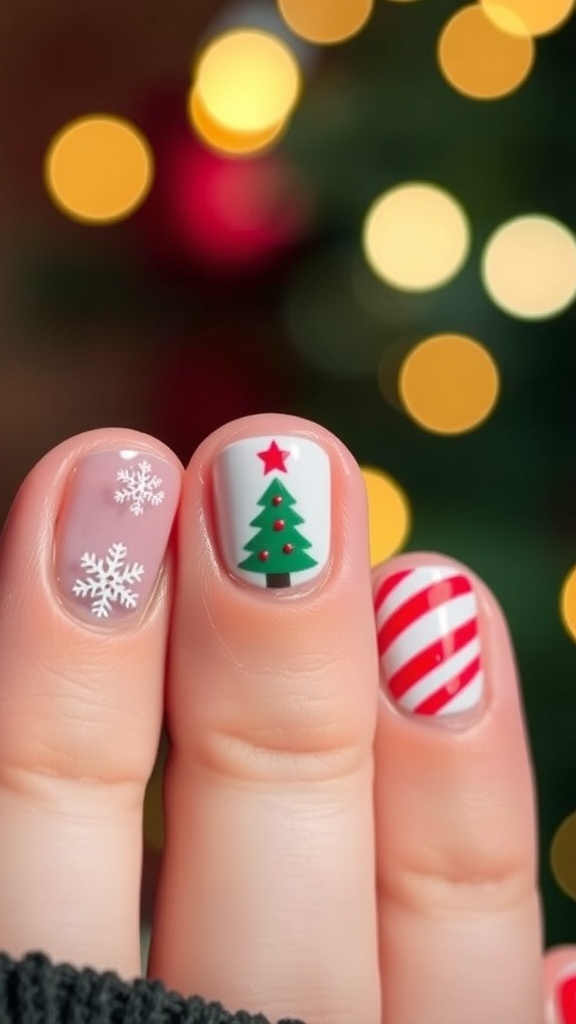 Simple Christmas Nail Art Ideas Close-up of short Christmas-themed nail art with snowflakes, trees, and candy cane designs.